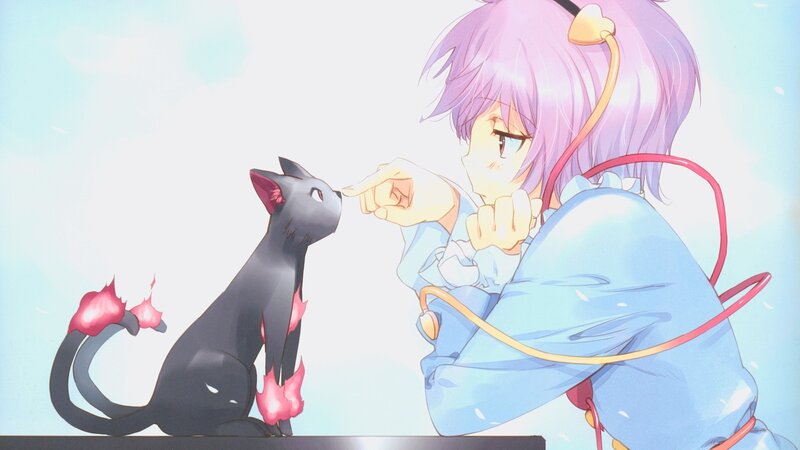 purple-haired girl with black cat