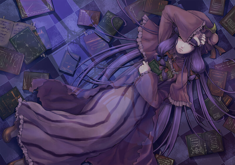 purple-haired girl with books