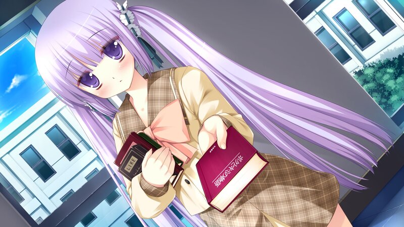 purple-haired girl with books