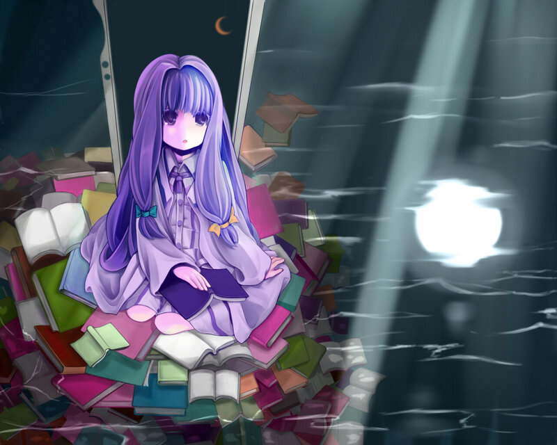 purple-haired girl with books