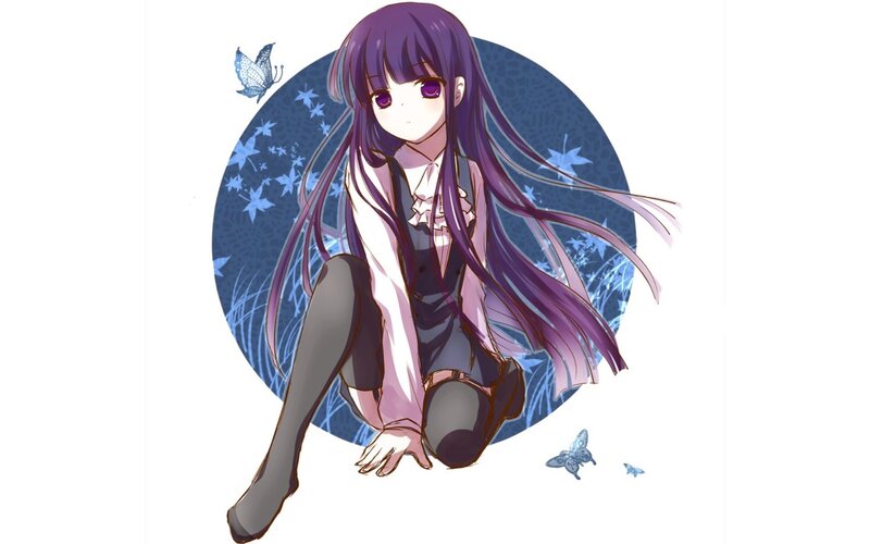 purple-haired girl with butterflies