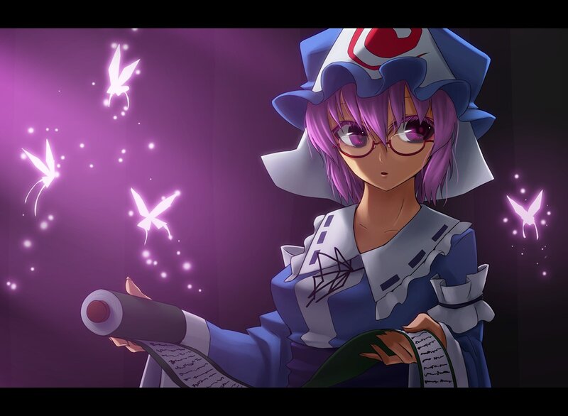 purple-haired girl with butterflies