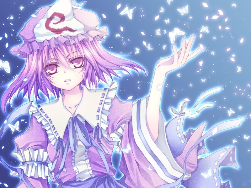 purple-haired girl with butterflies