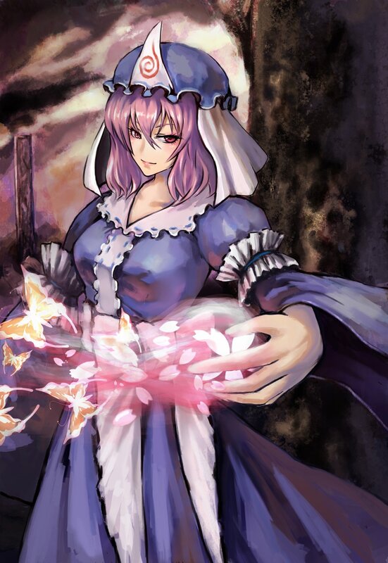 purple-haired girl with butterflies
