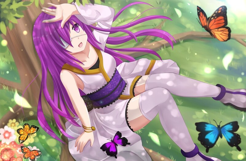 purple-haired girl with butterflies