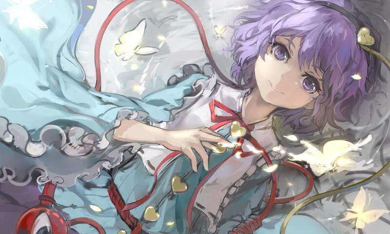 purple-haired girl with butterflies