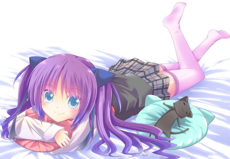purple-haired girl with cat
