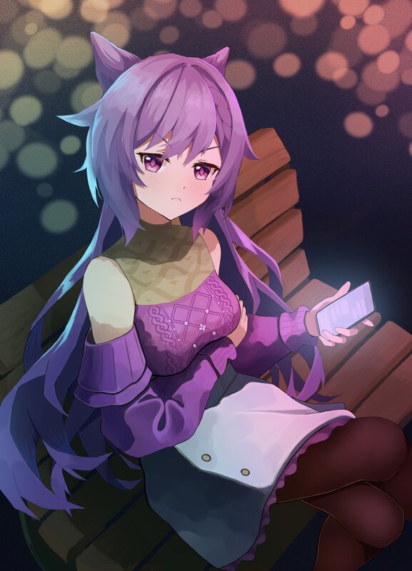 Purple-haired Girl with Cat Ears — Purple, Calm, Night