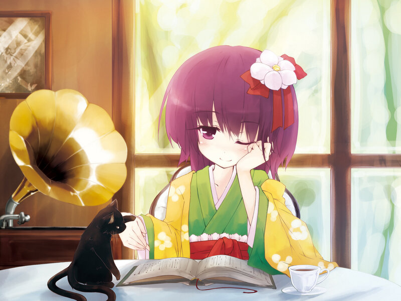 Purple-haired Girl with Cat — Purple, Calm