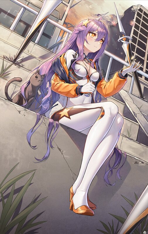 Purple-haired Girl with Cat — Purple, Dramatic, Sunset