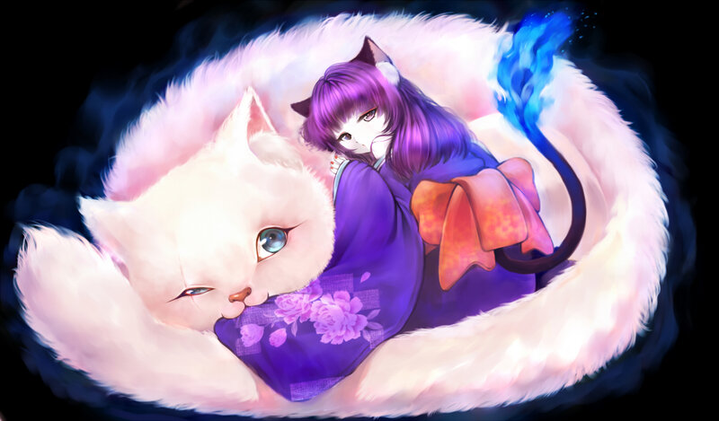 Purple-haired Girl with Cat — Purple, Serene