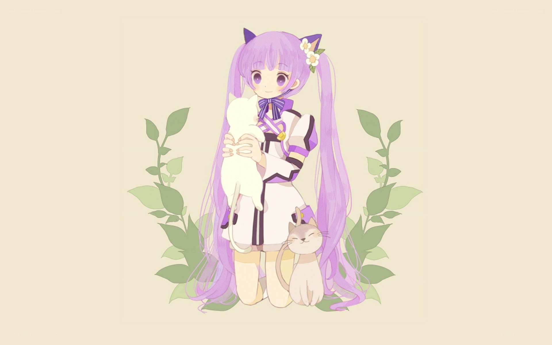 purple-haired girl with cats
