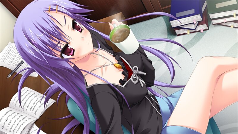 purple-haired girl with coffee