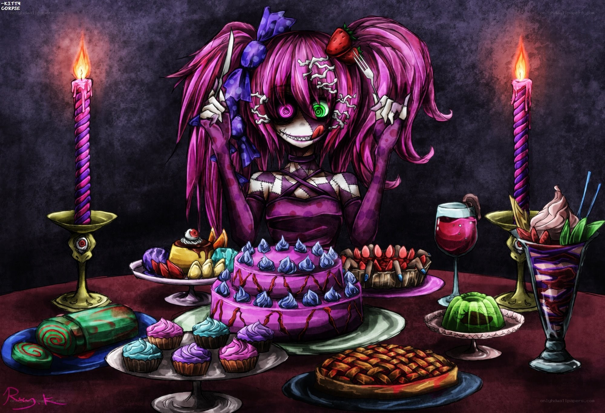 Purple-haired girl with desserts