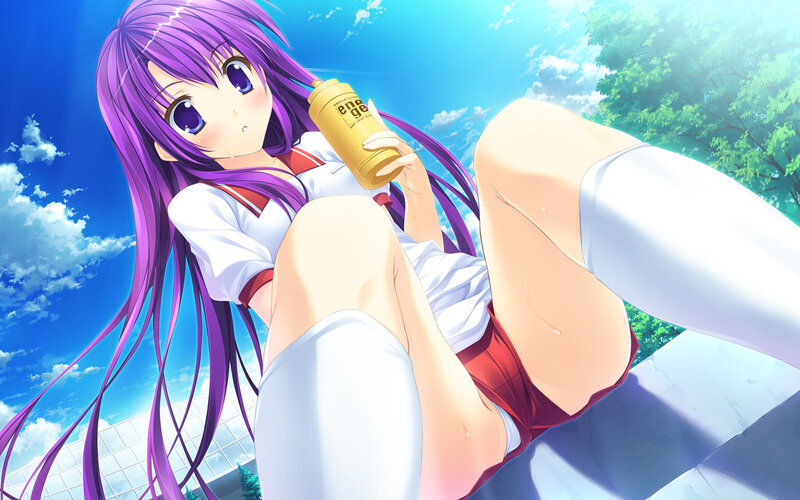 purple-haired girl with energy drink