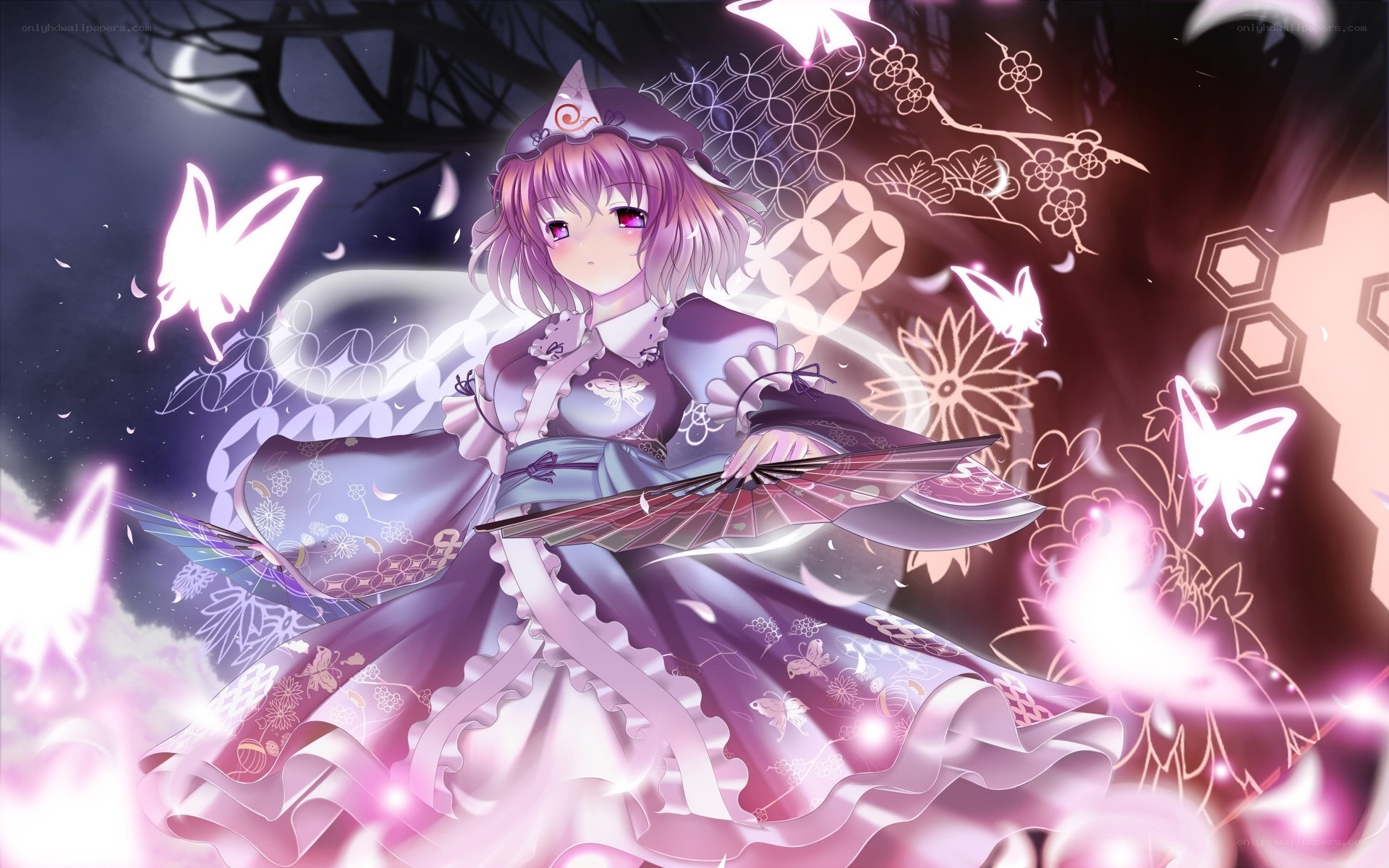 purple-haired girl with fan