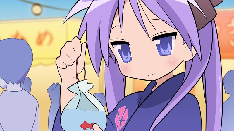 purple-haired girl with fishbowl