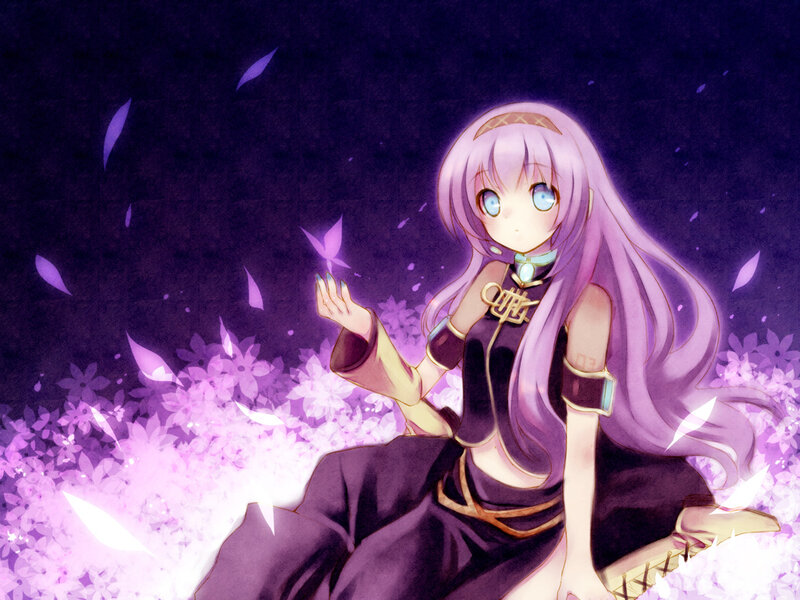 purple-haired girl with flowers