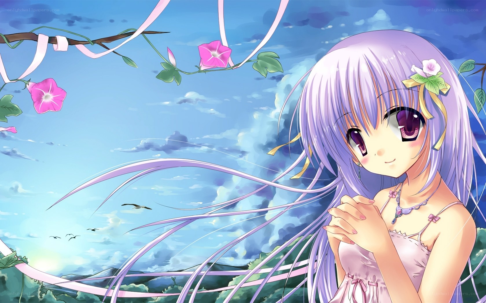 purple-haired girl with flowers
