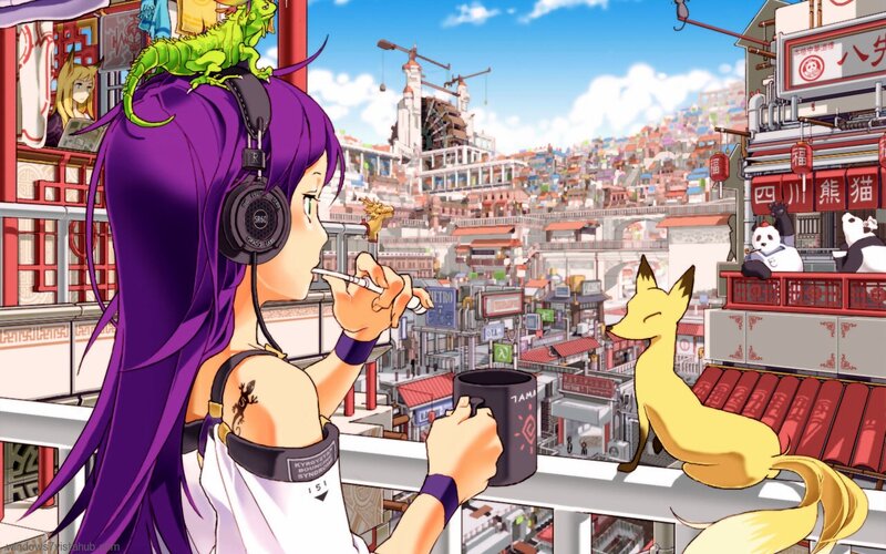 Purple-haired Girl with Fox