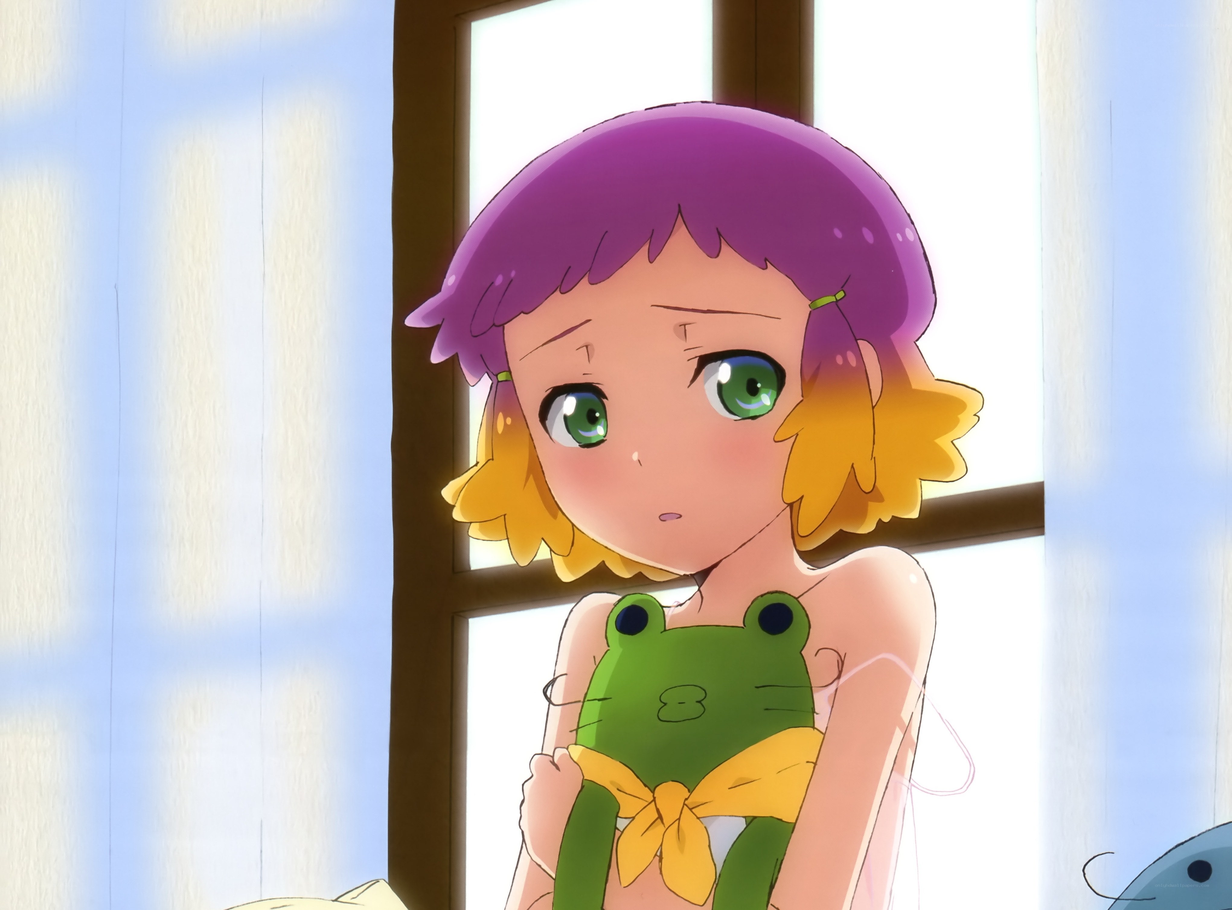 purple-haired girl with frog plush