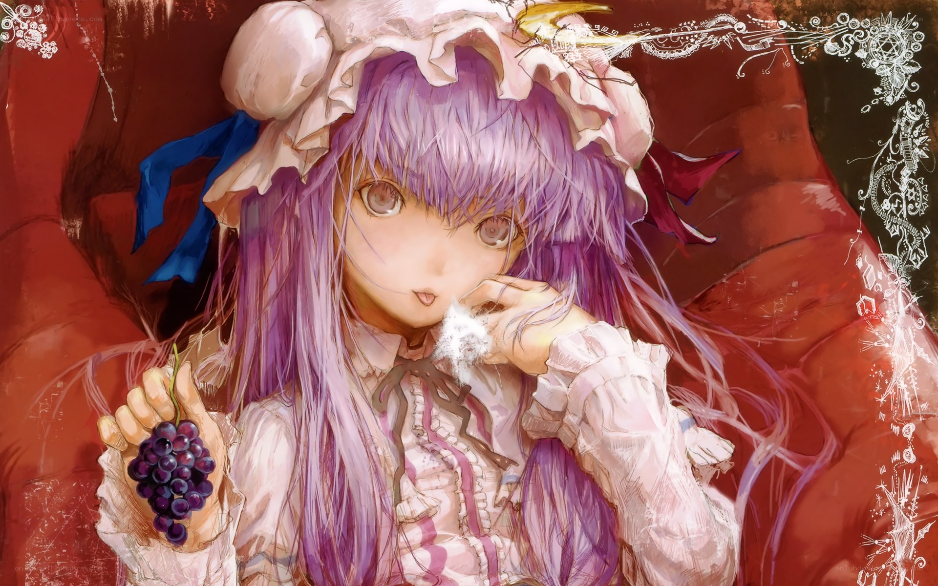 purple-haired girl with grapes