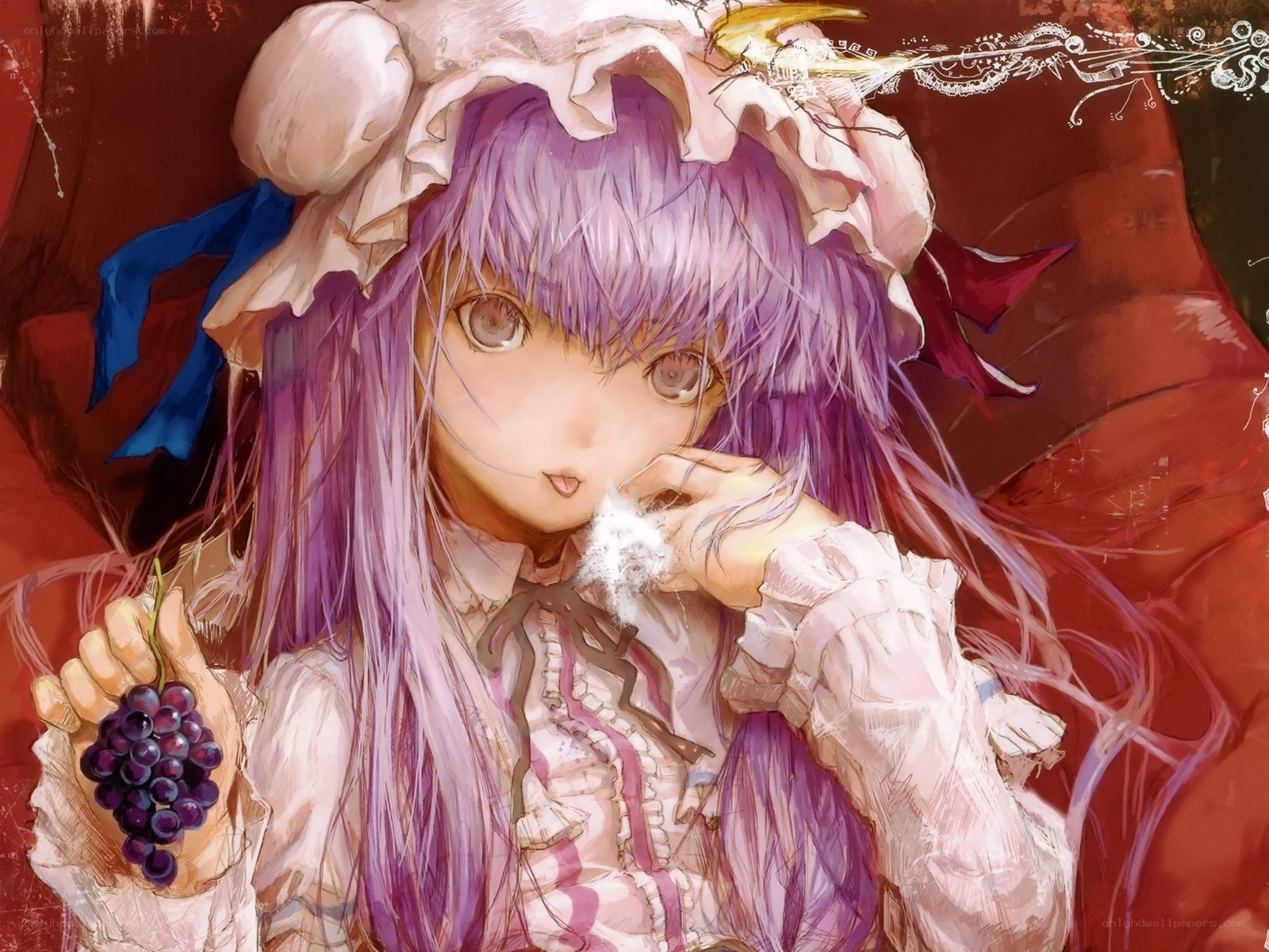 purple-haired girl with grapes