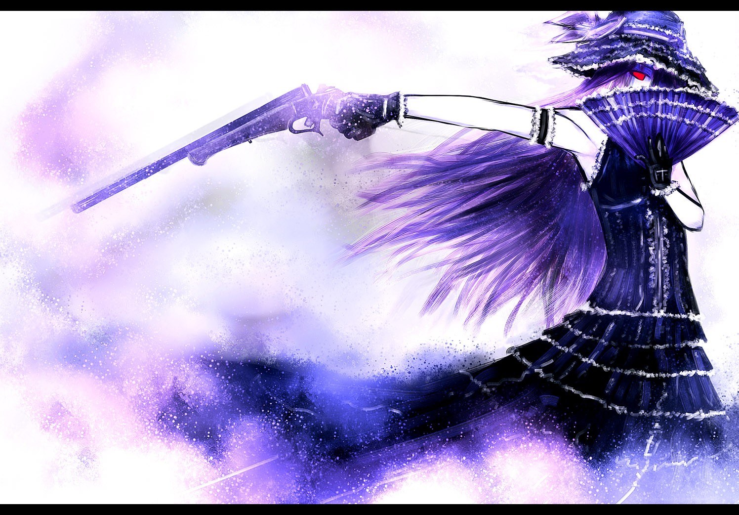 purple-haired girl with gun