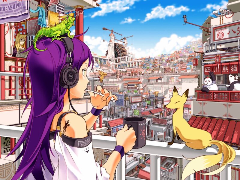 Purple-haired Girl with Lizard