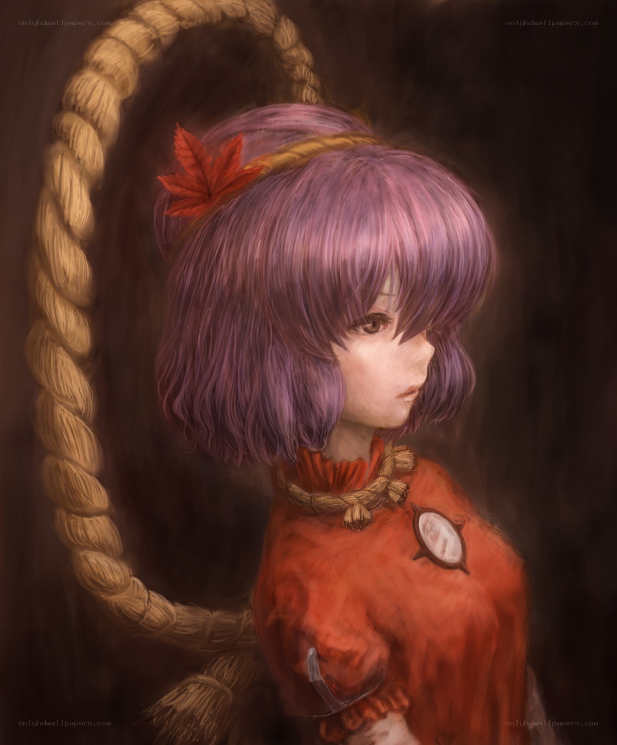 purple-haired girl with maple leaf