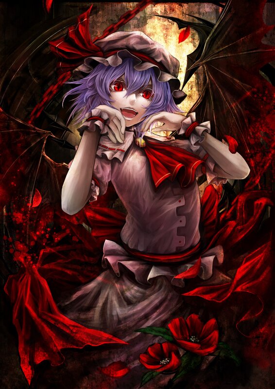 purple-haired girl with red eyes