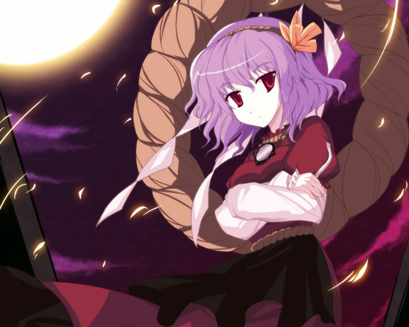 purple-haired girl with red eyes