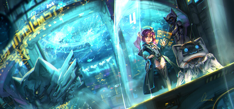 Purple-haired Girl with Robots