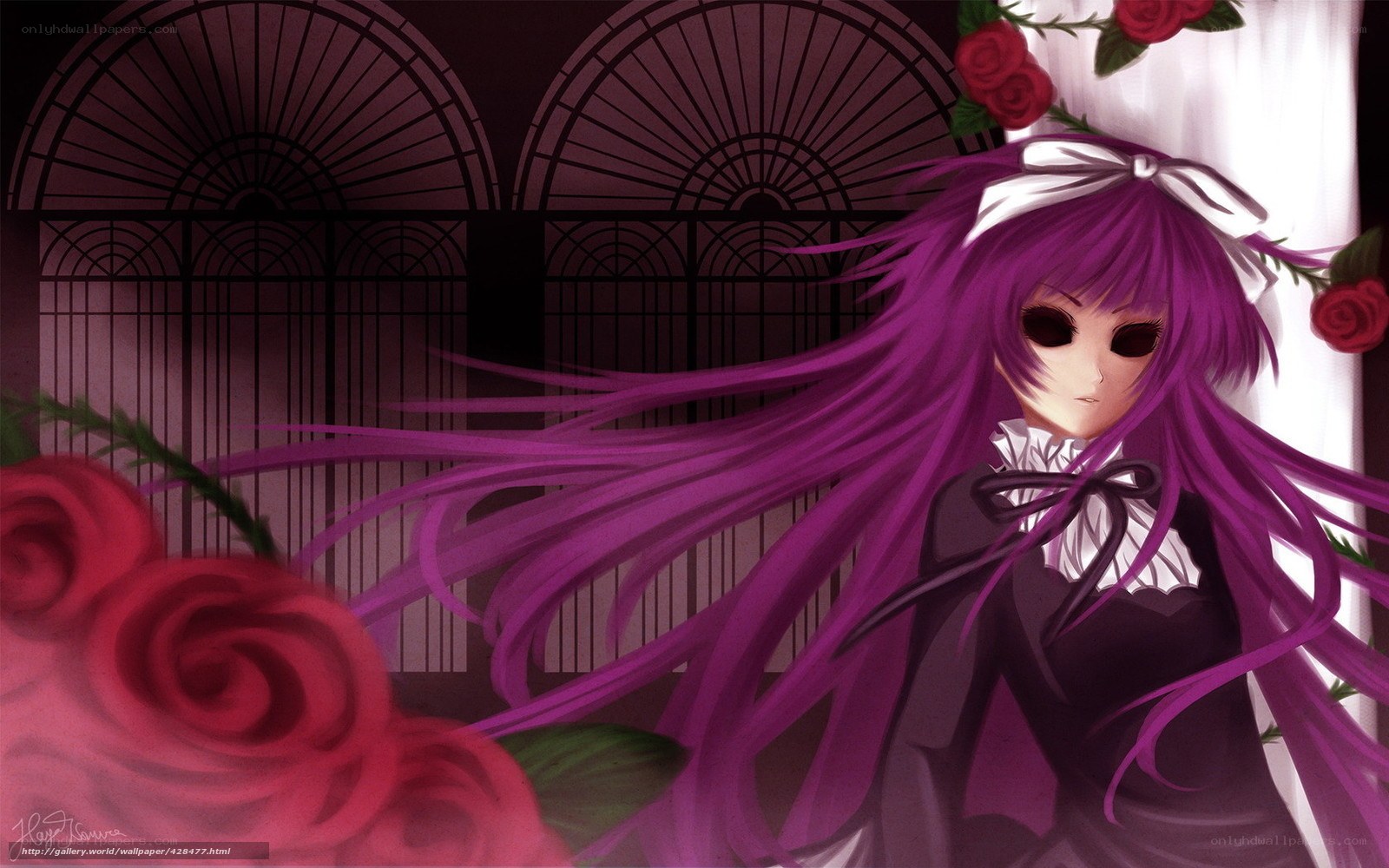 Purple-haired girl with roses