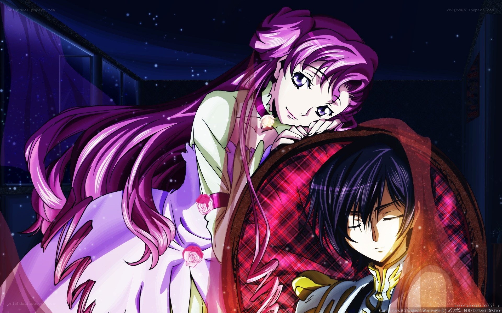 Purple-haired girl with sleeping boy