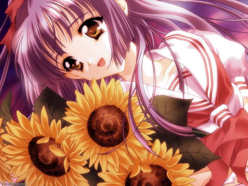 Purple-haired Girl with Sunflowers