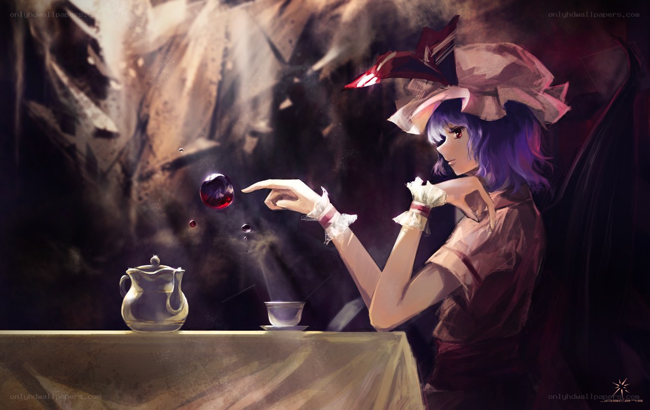 purple-haired girl with tea