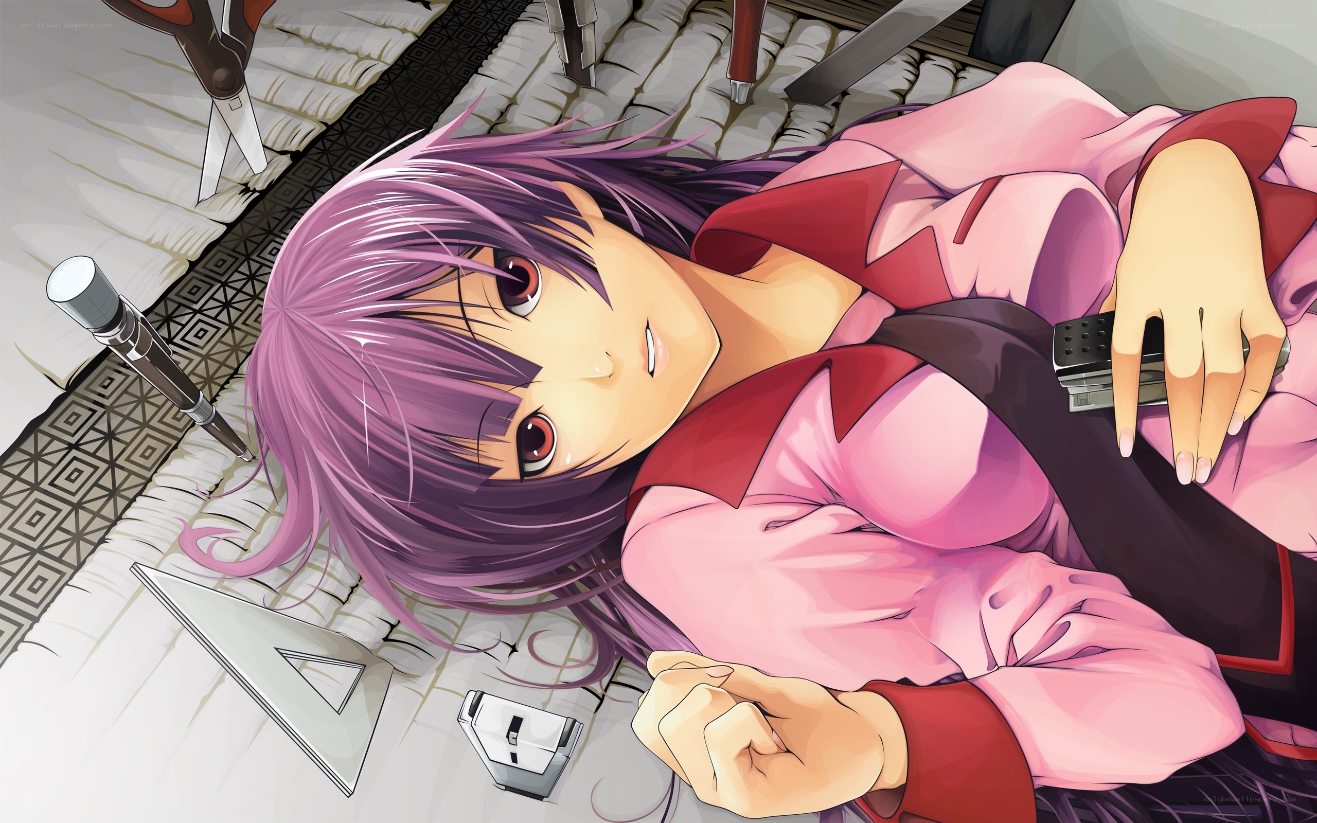 purple-haired girl with tools