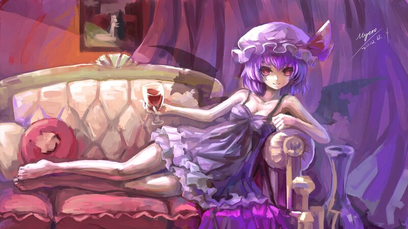 Purple-haired girl with wine glass