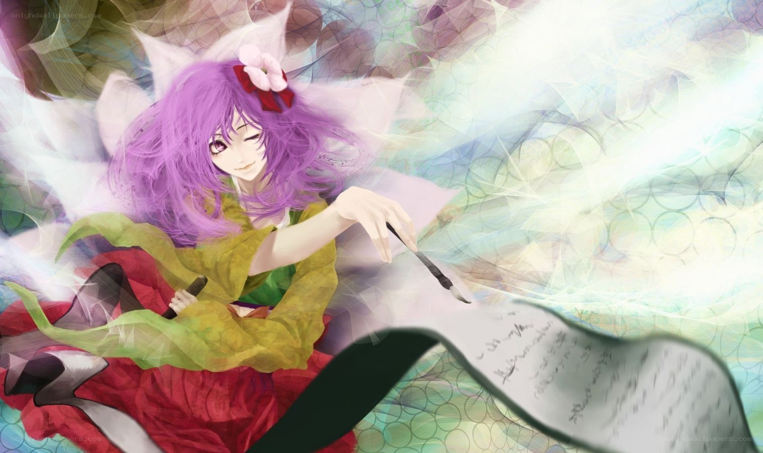 purple-haired girl writing