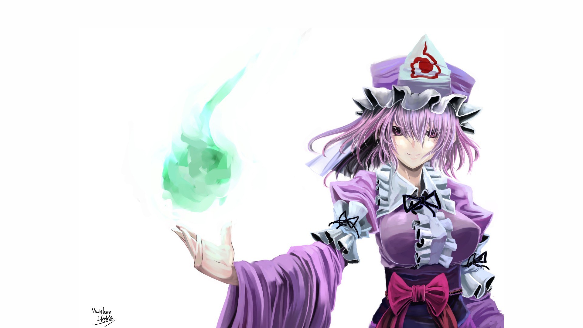 purple-haired mage casting spell