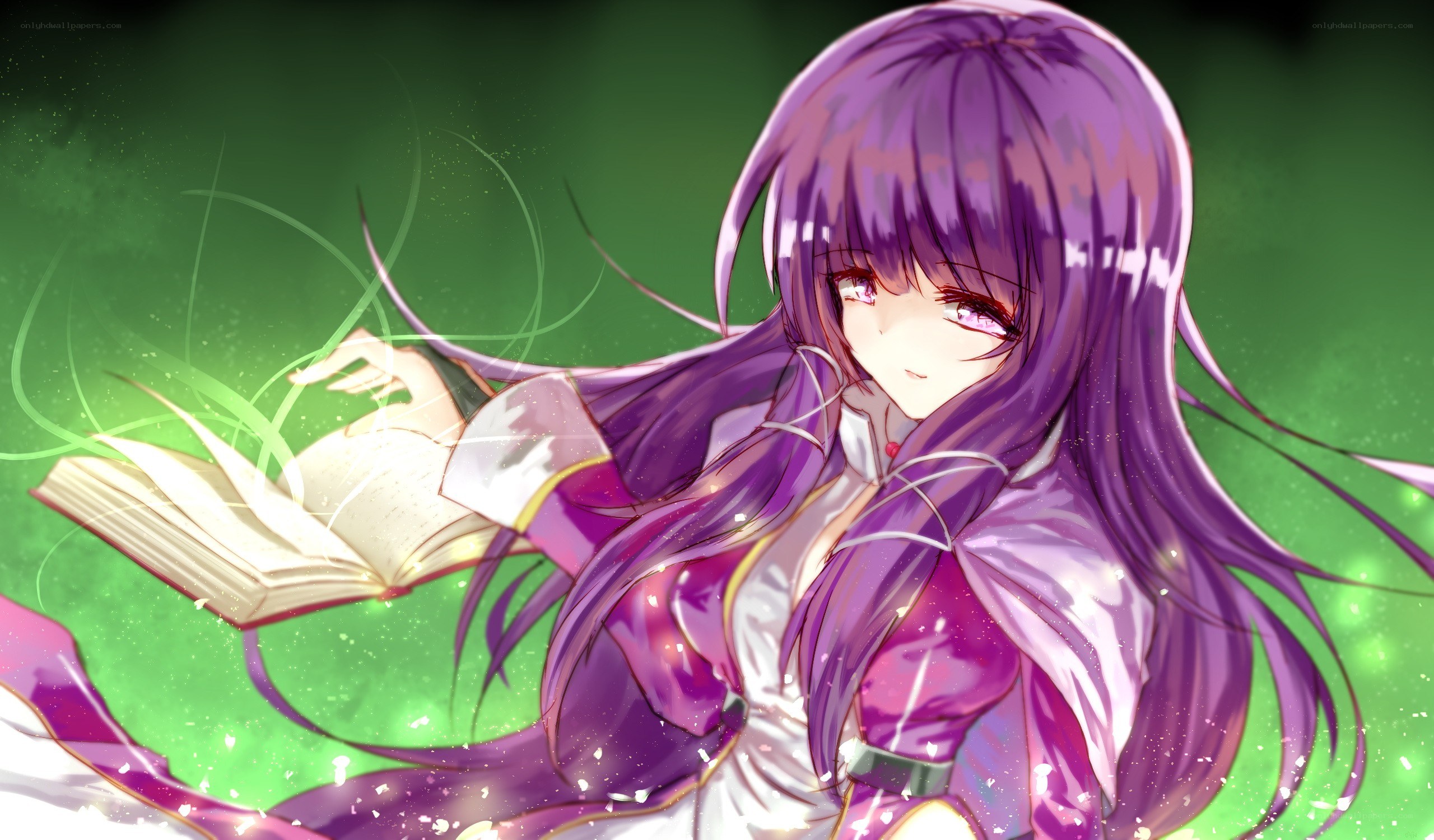 purple-haired mage reading book