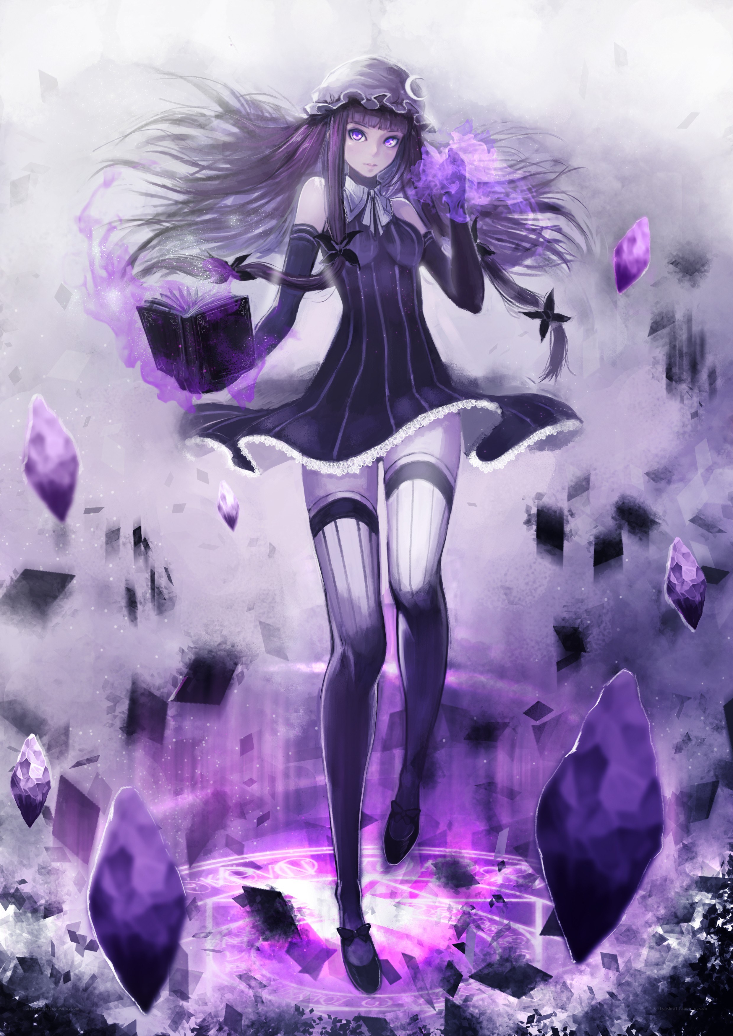 purple-haired mage with book