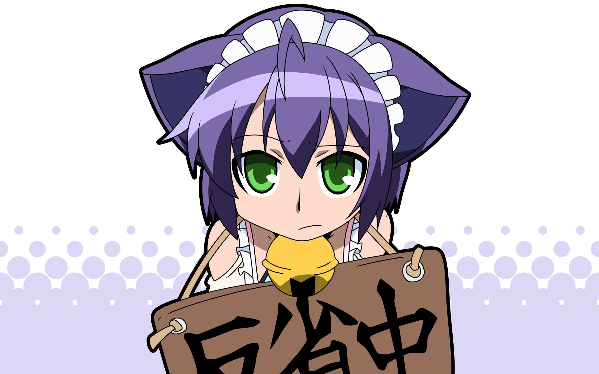 purple-haired maid holding sign