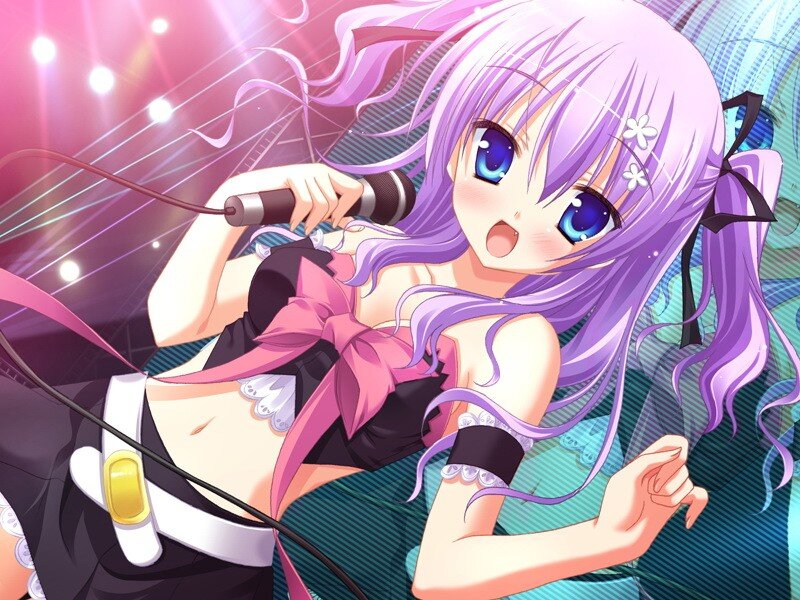 purple-haired singer performing