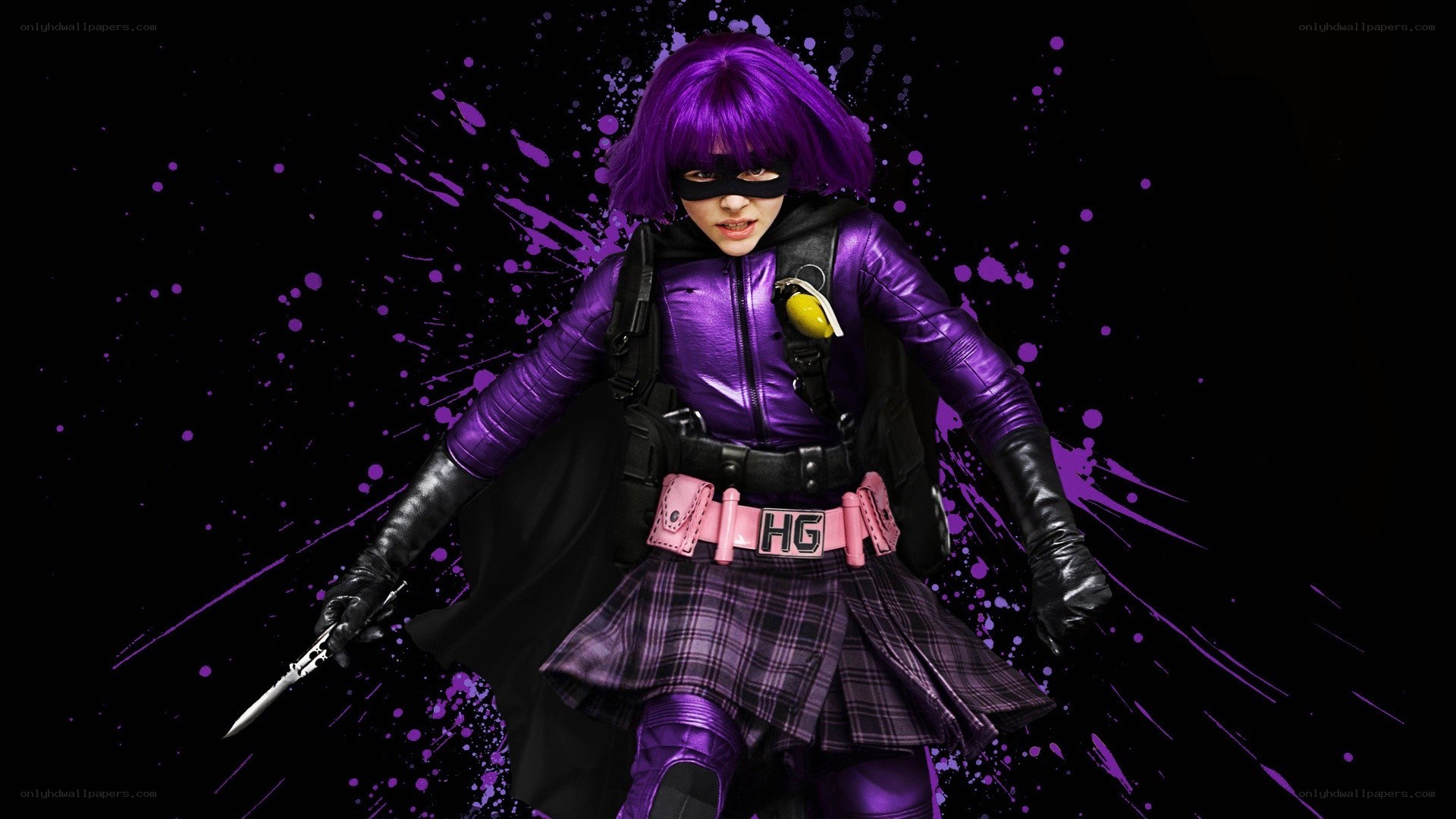 purple-haired superhero in action