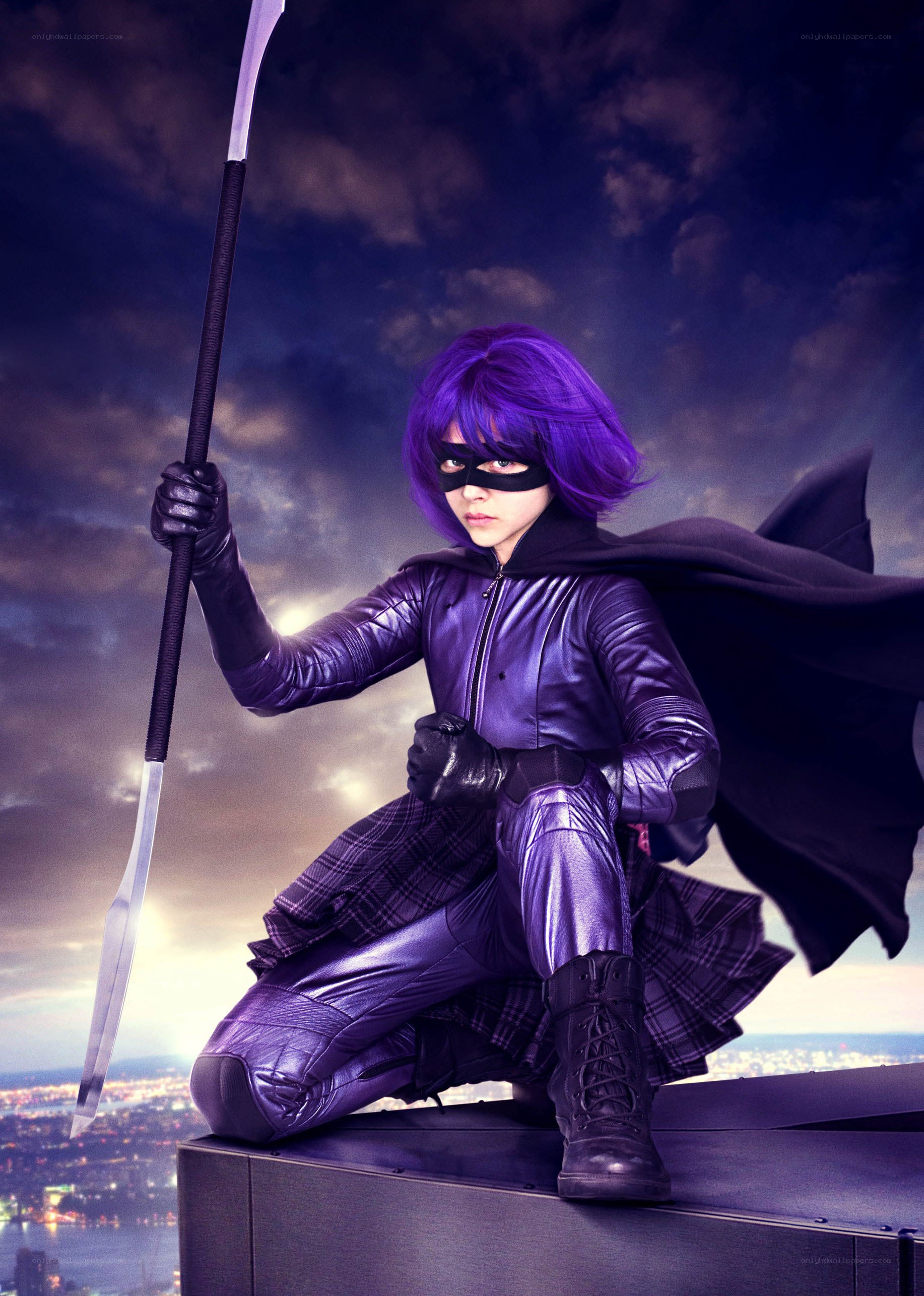 Purple-haired superhero on rooftop