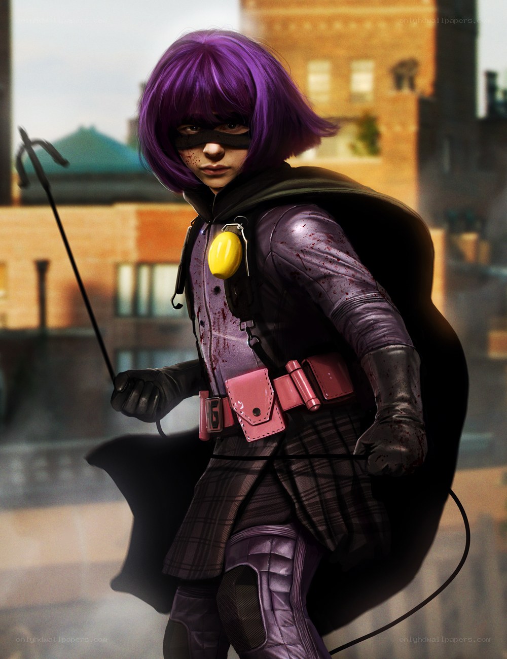 Purple-haired superhero with grappling hook