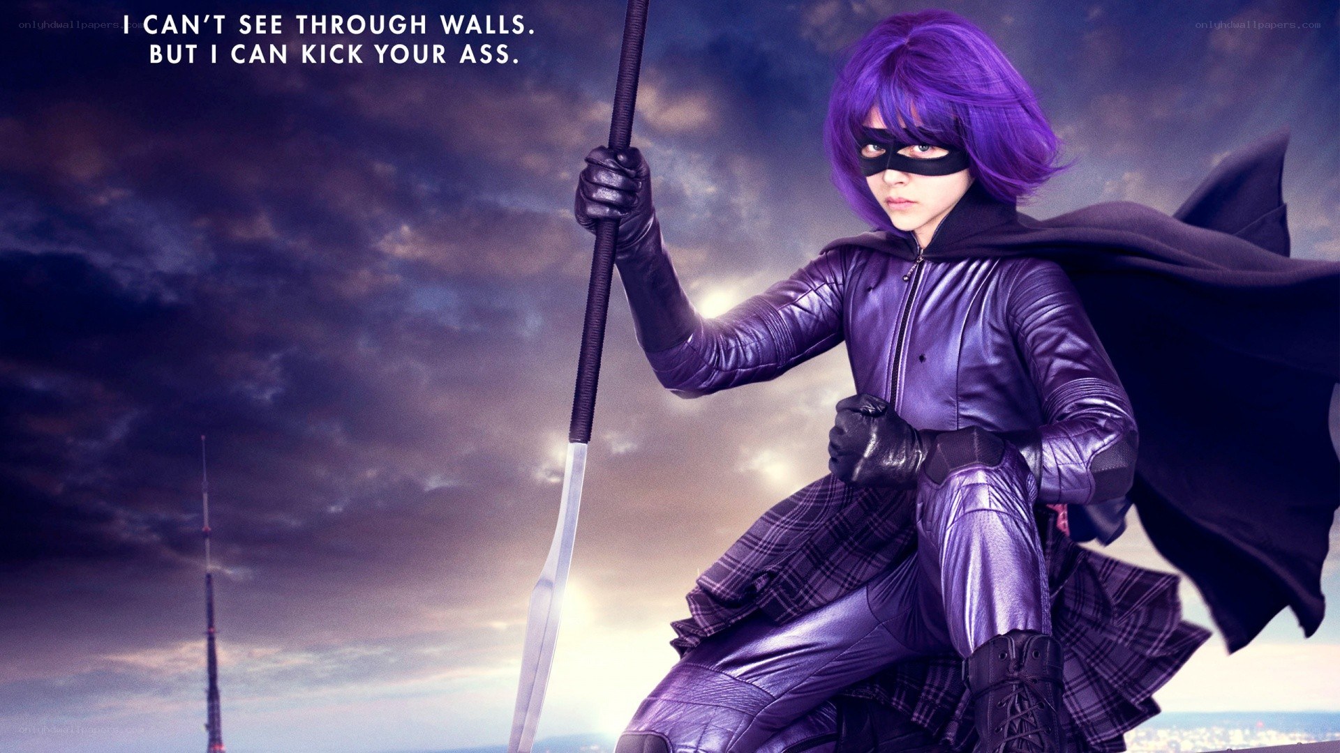 Purple-haired superhero with staff