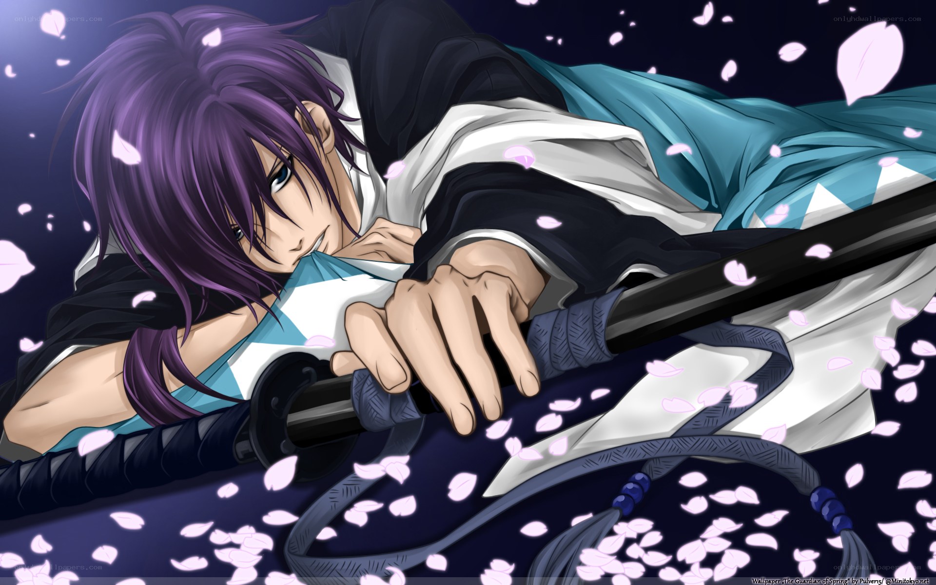 Purple-haired swordsman in cherry blossoms